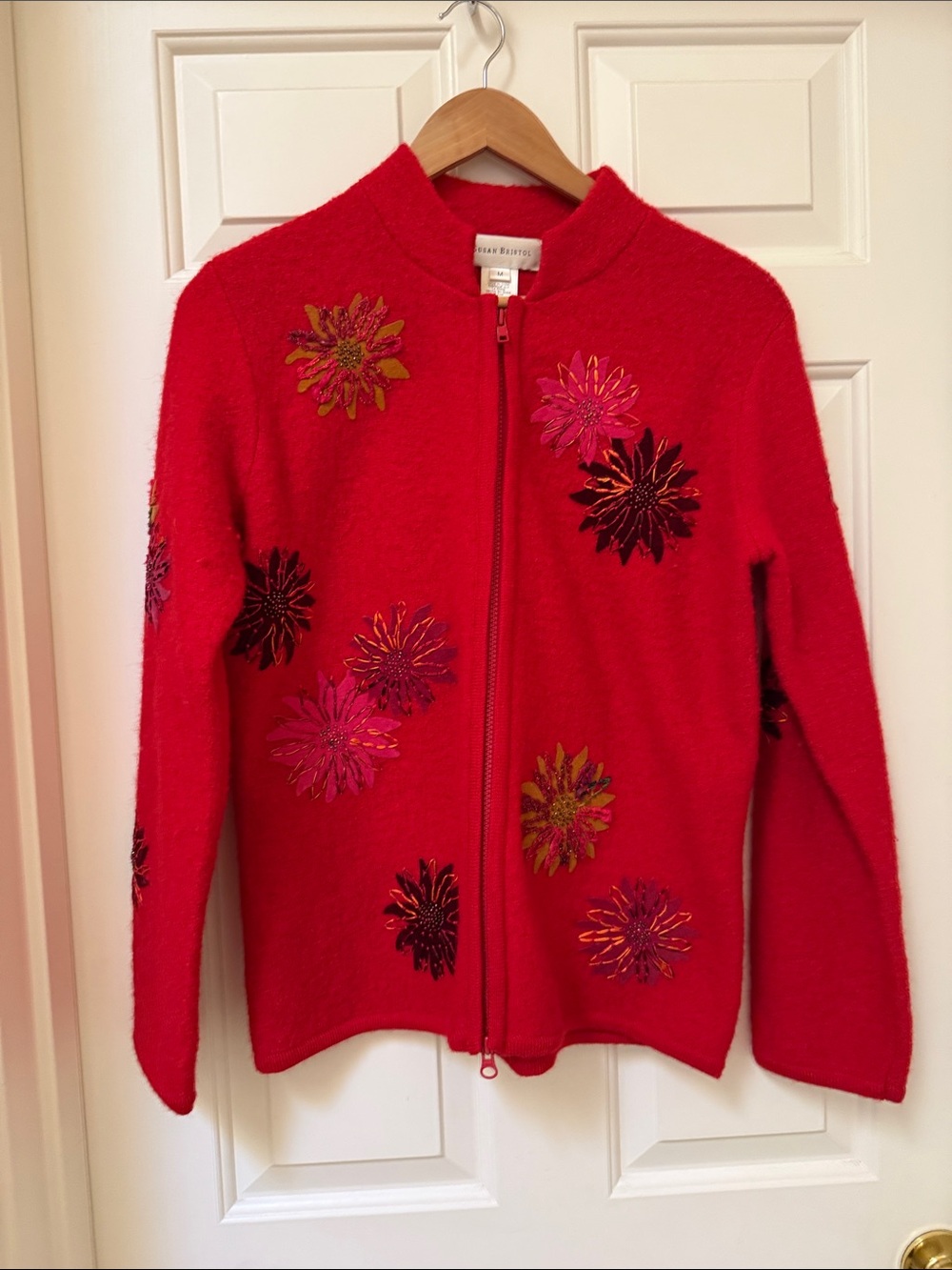 vintage Susan Bristol Wool Hand-embroidered Full zip cardigan, Y2K, - Medium
